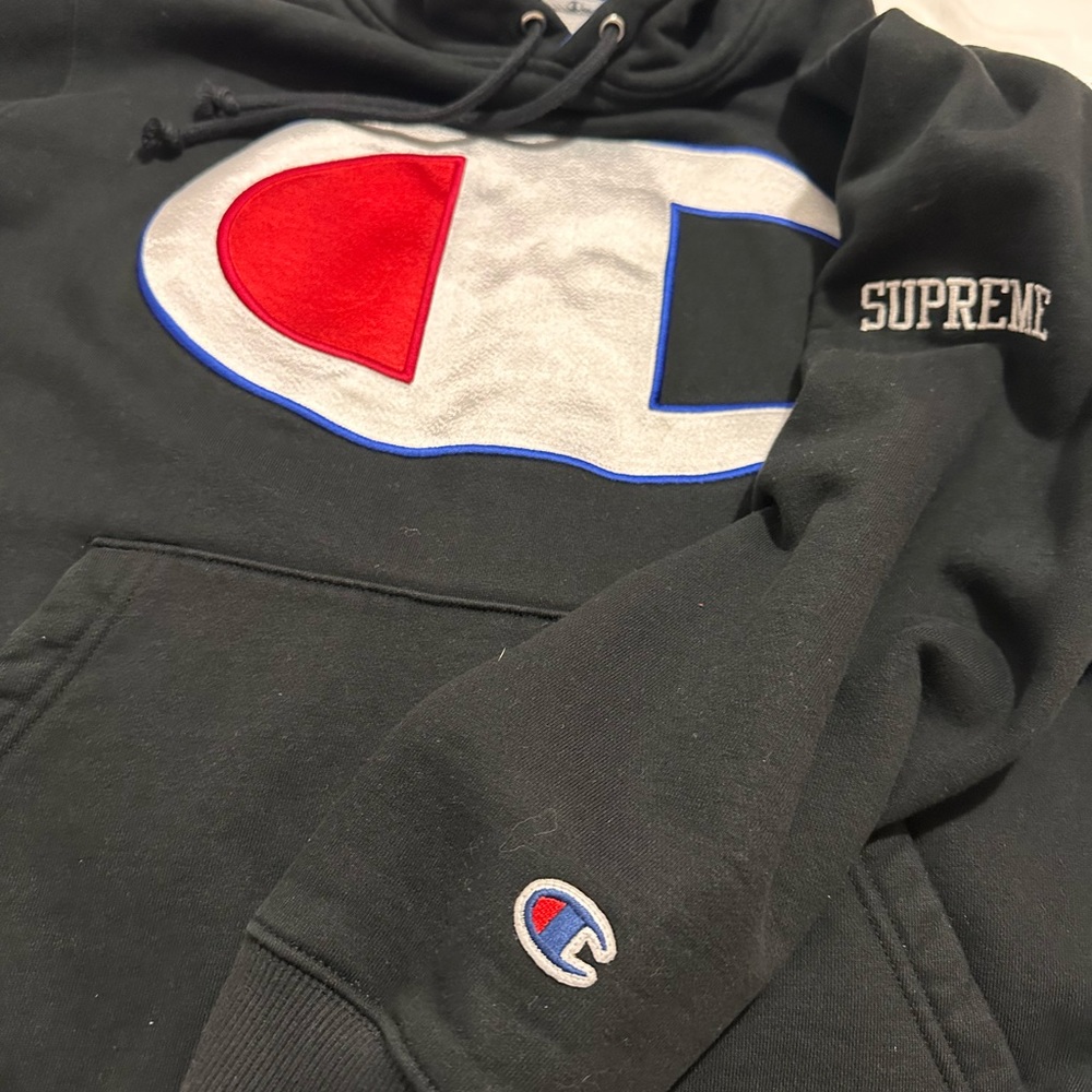 Supreme X Champion Center Logo Hoodie Embroidered Pullover Black Adult small - Picture 5 of 5
